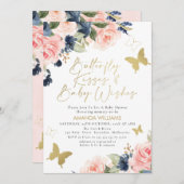 ブルーピンク・フローラ・バタフライ・キス・ベビー・シャワー 招待状 (正面/裏面)