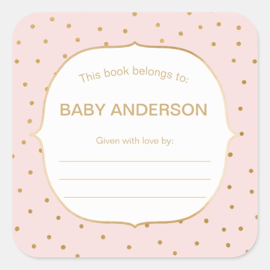 ブルーピンク+金ゴールド紙吹雪ベビーシャワー蔵書票 スクエアシール (正面)