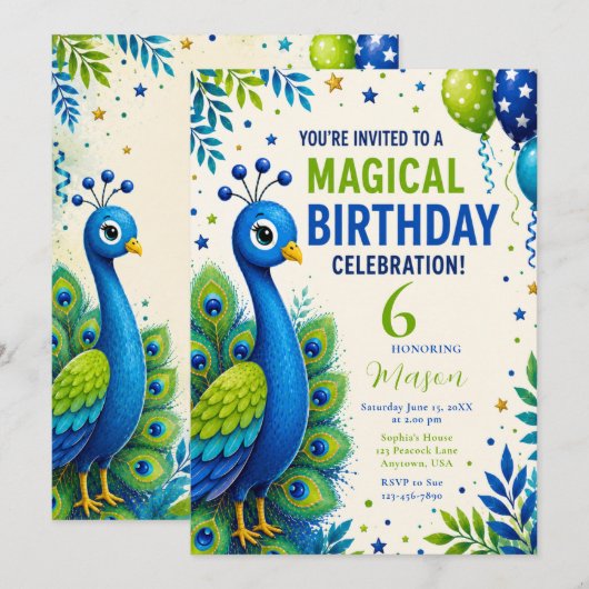ブルーピーコックの男の子の誕生日パーティー 招待状 (正面/裏面)