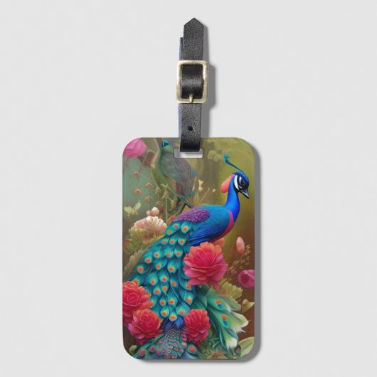 ブルーピーコックインピンクローズガーデン ラゲッジタグ (正面縦)