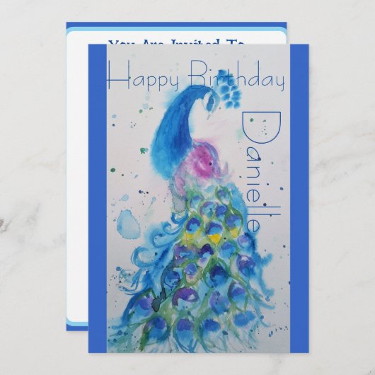 ブルーピーコックウォーターカラー誕生日招待状 招待状 (正面/裏面)