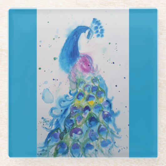 ブルーピーコックウォーター色ティール（緑がかった色）ブルーバードバード ガラスコースター (正面)
