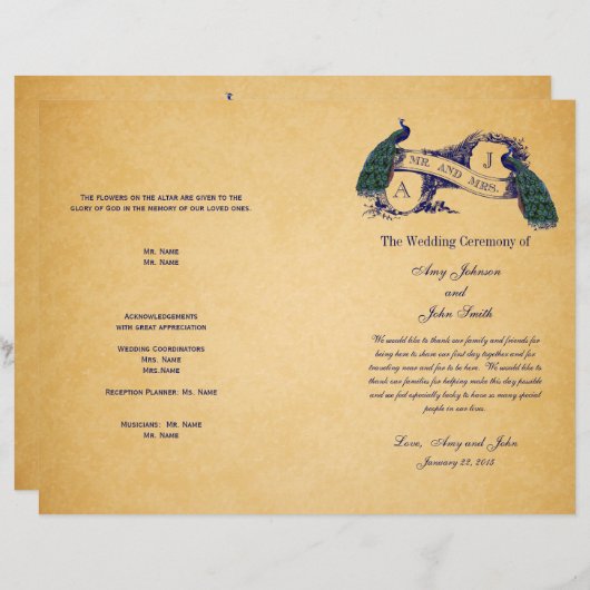 ブルーピーコックスヴィンテージウェディングプログラム (正面/裏面)