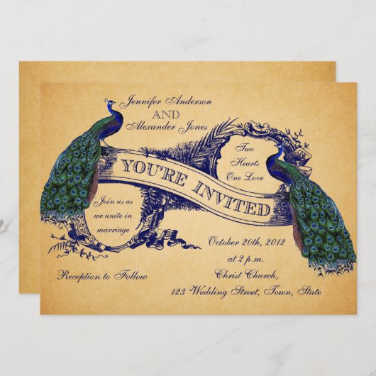 ブルーピーコックスヴィンテージウェディング招待状 招待状 (正面/裏面)