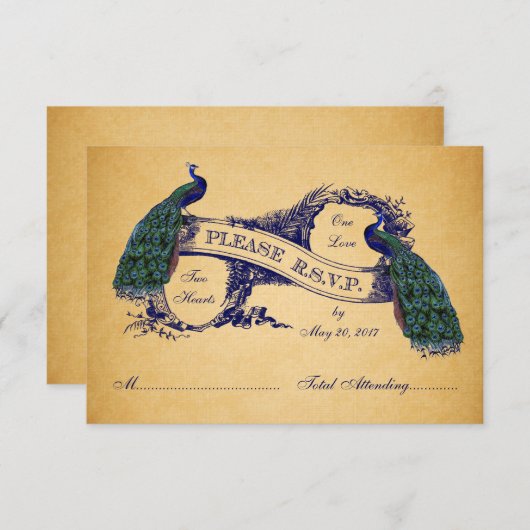 ブルーピーコックスヴィンテージウェディングRSVPカード 出欠カード (正面/裏面)