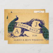 ブルーピーコックスヴィンテージウェディングRSVPポストカード2 インビテーションポストカード (正面/裏面)