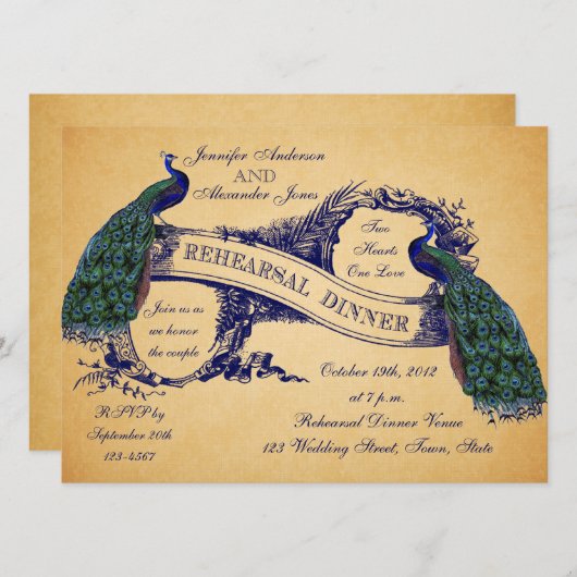 ブルーピーコックスヴィンテージリハーサルディナー招待状 招待状 (正面/裏面)