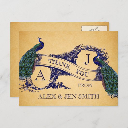 ブルーピーコックスVintage結婚式ありがとうポストカード ポストカード (正面/裏面)