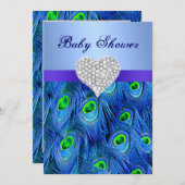 ブルーピーコックダイヤモンドハートベビーシャワー招待状 招待状 (正面/裏面)