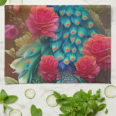 ブルーピーコックピンクローズガーデン キッチンタオル (折り畳み)