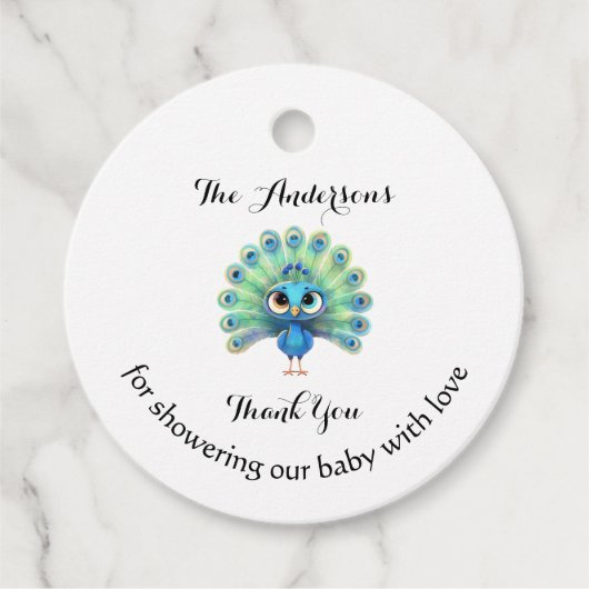 ブルーピーコックベビーシャワーメッセージカード フェイバータグ (正面)