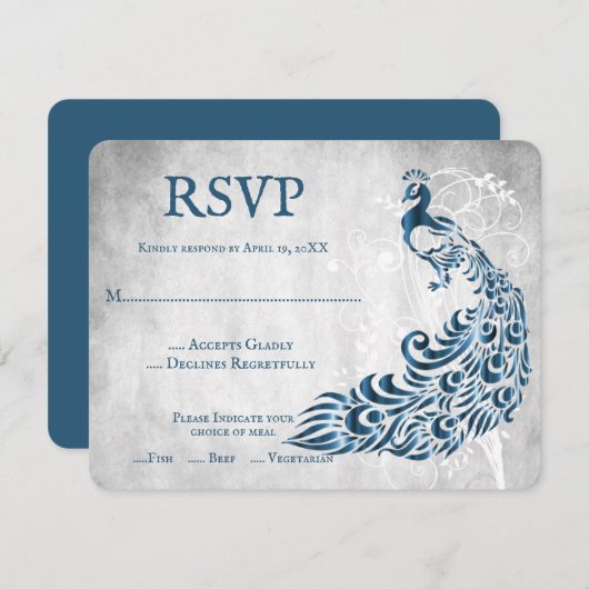 ブルーピーコックリーフつる植物ウェディングRSVPカード 出欠カード (正面/裏面)