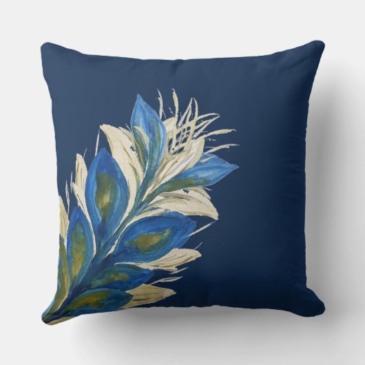 ブルーピーコックリーフ水カラー手色彩の鮮やか海軍 クッション (裏面)