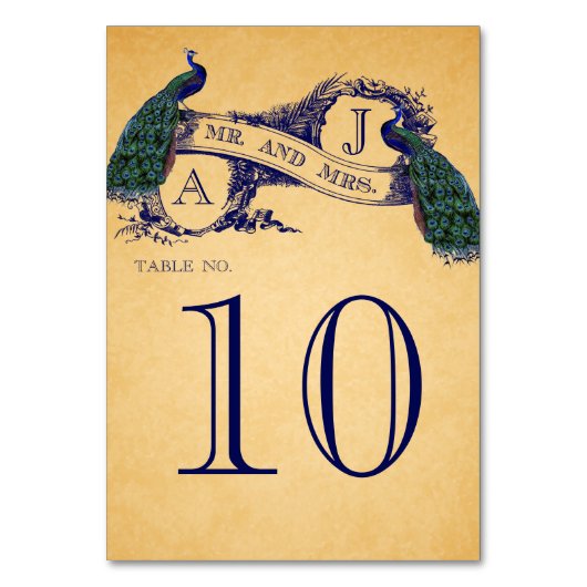 ブルーピーコックヴィンテージウェディングテーブル番号カード テーブルナンバー (正面)