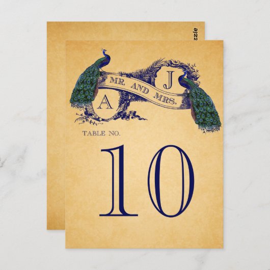 ブルーピーコックヴィンテージウェディングテーブル番号 ポストカード (正面/裏面)