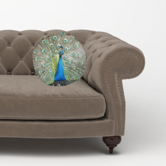 ブルーピーコック羽毛プラメージ ラウンドクッション