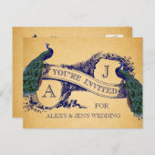 ブルーピーコック ヴィンテージ ウェディング インヴィテーション ポストカード (正面/裏面)