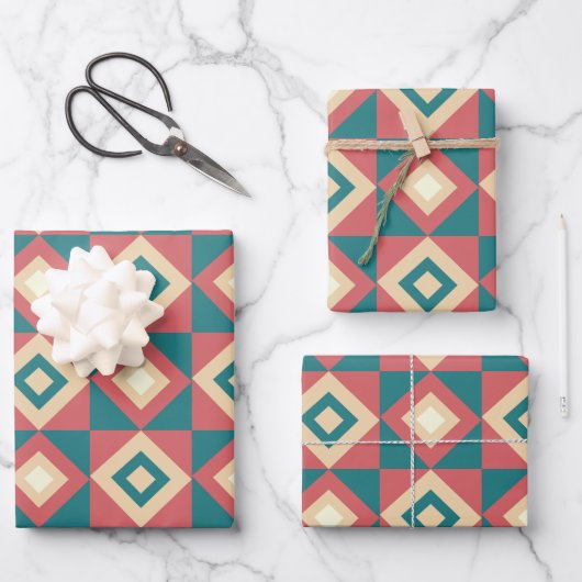 ブルーピーチダイヤモンドジオメトリック ラッピングペーパーシート (正面)