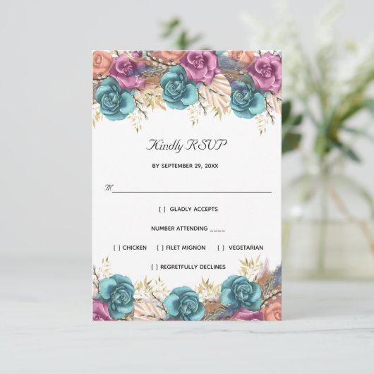 ブルーピーチバラフローラエレガフォーマルントウェディング 出欠カード (スタンド正面)