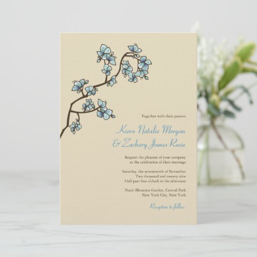 ブルーピーチフラムス桜アジアの結婚式の招待 招待状 (スタンド正面)