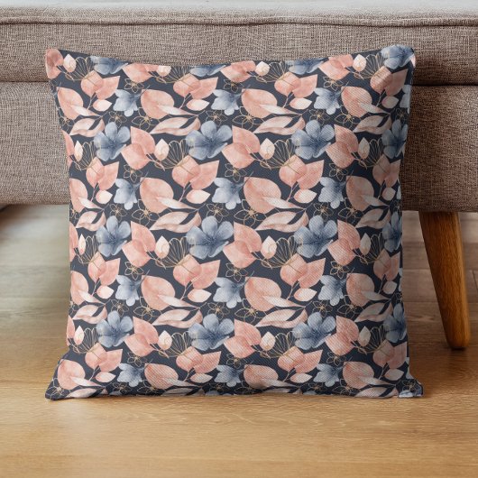 ブルーピーチ&金ゴールド花模様スタイリッシュ植物芸術 クッション