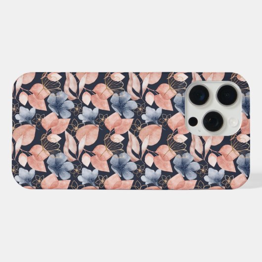 ブルーピーチ&金ゴールド花模様スタイリッシュ植物芸術 iPhoneケース (裏面横)