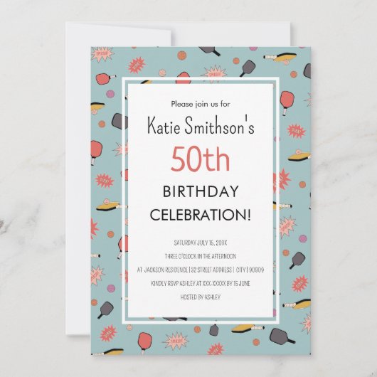 ブルーピ名門私立校風のッはっきりしたクレボールパーティー50誕生日 招待状 (正面)