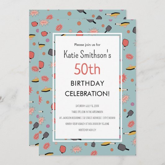 ブルーピ名門私立校風のッはっきりしたクレボールパーティー50誕生日 招待状 (正面/裏面)