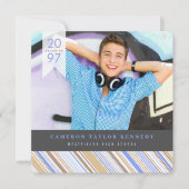 ブルーピ名門私立校風のンストライプズ写真卒業パーティー 招待状 (正面)