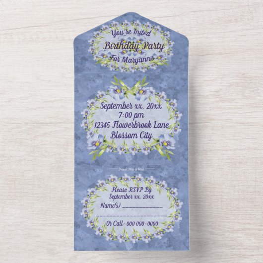 ブルーフかわいらしラックス山草の誕生パーティー オールインワン招待状 (内側)