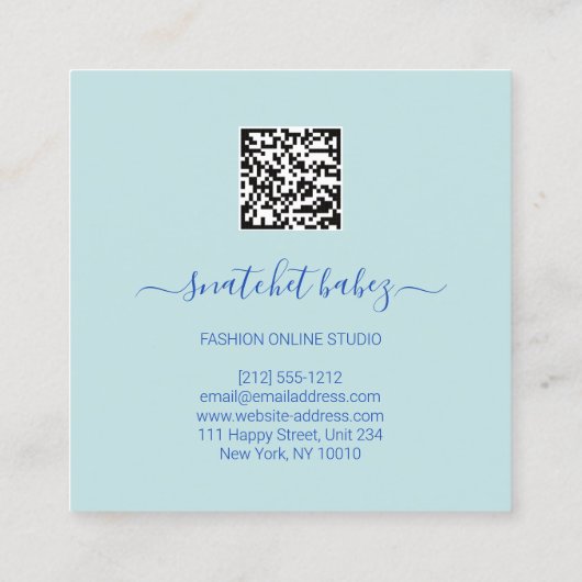 ブルーファッションスタイリストイベントドレスQRコードロゴ スクエア名刺 (裏面)