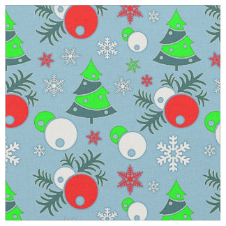 ブルーファブリック上のクリスマスツリースノーフレークバウブル ファブリック