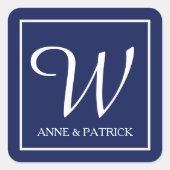 ブルーファミリーイニシャルモノグラム結婚&ネーム スクエアシール (正面)