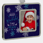ブルーファミリーフォトクリスマス最も素晴らしい時間 シルバープレートフレームオーナメント (右)