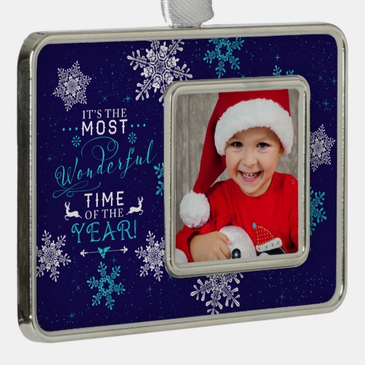 ブルーファミリーフォトクリスマス最も素晴らしい時間 シルバープレートフレームオーナメント (右)