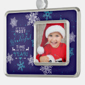 ブルーファミリーフォトクリスマス最も素晴らしい時間 シルバープレートフレームオーナメント (左)