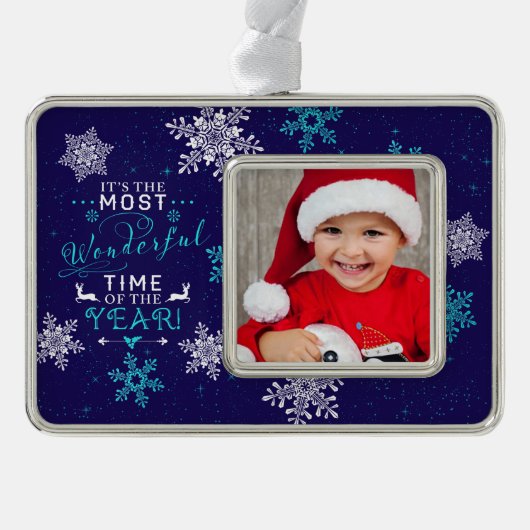 ブルーファミリーフォトクリスマス最も素晴らしい時間 シルバープレートフレームオーナメント (正面)