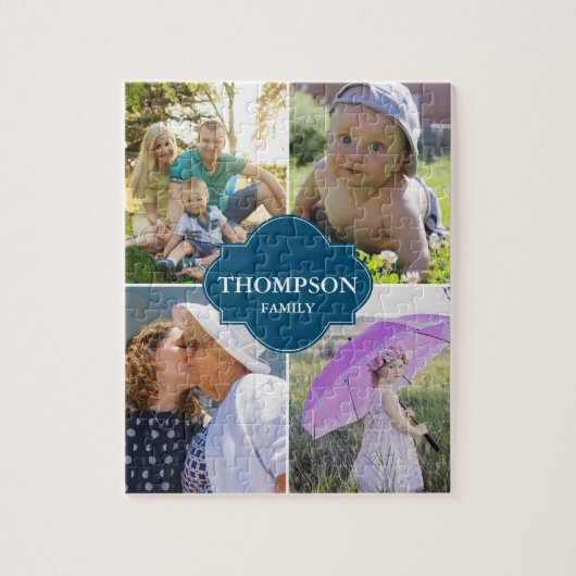 ブルーファミリーフォトコラージファミリー名 ジグソーパズル (縦)