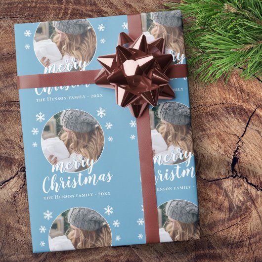 ブルーファミリーフォトスノーフレークメリークリスマス ラッピングペーパー