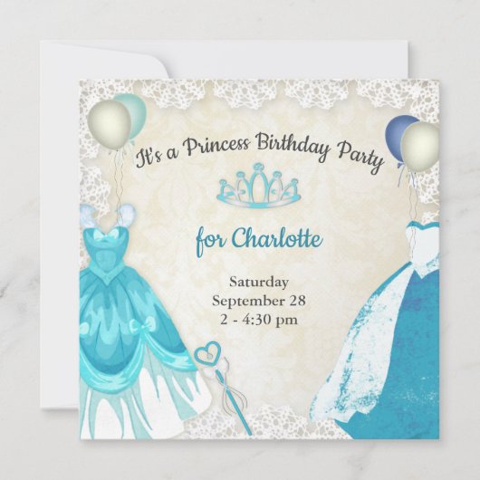 ブルーファンシープリンセスドレス誕生日招待状 招待状 (正面)