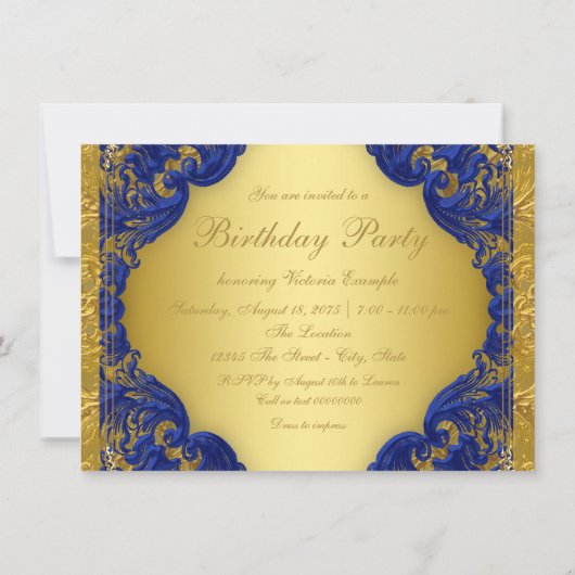 ブルーファンシー王室の金ゴールドスウィート16バースデーパーティー 招待状 (裏面)