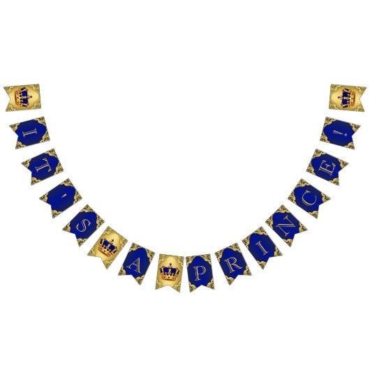 ブルーファンシー王室の金ゴールドプリンスクラウンベビーシャワー バンティングフラッグ (全)