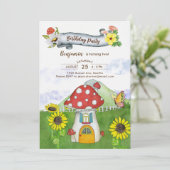 ブルーファンタジーウッドランドトードスツールハウスおもしろい誕生日 招待状 (スタンド正面)