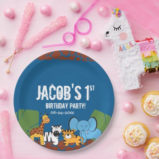 ブルーファーストバースデージャングルサファリテーマ ペーパープレート (パーティー)