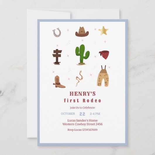 ブルーファーストロデオカウボーイ子供の誕生日招待状 招待状 (正面)