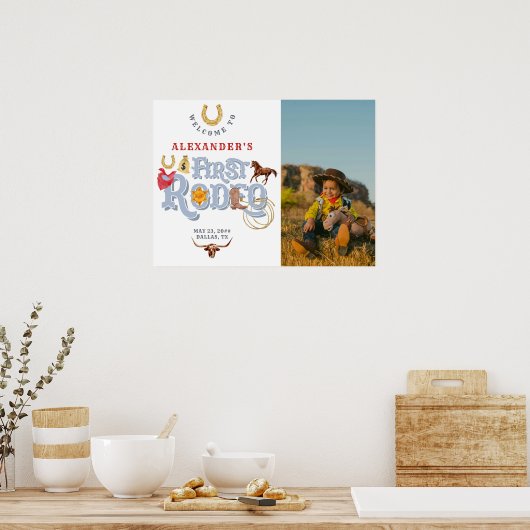 ブルーファーストロデオ男の赤ちゃん1stバースデーウェルカム ポスター (キッチン)