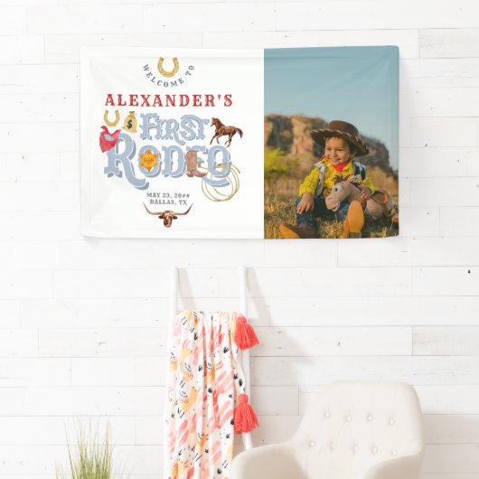 ブルーファーストロデオ男の赤ちゃん1stバースデーウェルカム 横断幕 (インサイチュ)