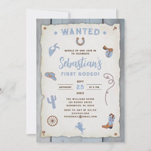 ブルーファーストロデオ男の赤ちゃん1st誕生日 招待状 (正面)