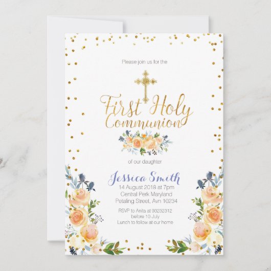 ブルーファースト聖餐式金ゴールドフローラ招待状 招待状 (正面)