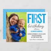 ブルーファースト誕生日タイポグラフィ水玉模様写真 招待状 (正面/裏面)